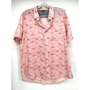 Izod Hawaiian Shirt Men XL Pink Saltwater Flamingo Allover Print Cruise Party